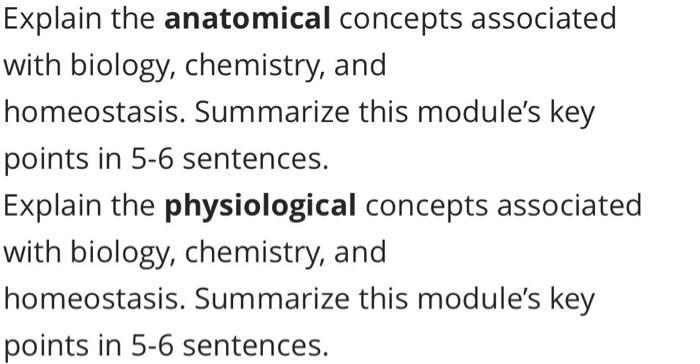 Anatomical concepts associated with biology chemistry and homeostasis